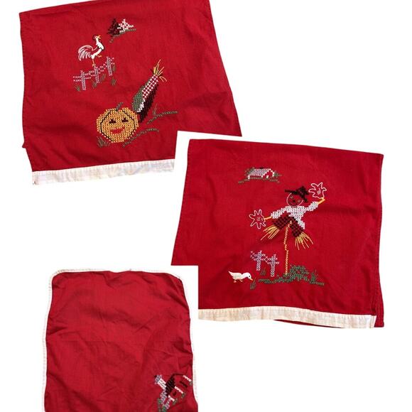 Set of 4 Vintage Red Fall Cross Stitch Fall Farm Scene Towels Pumpkin Scarecrow - Picture 1 of 12